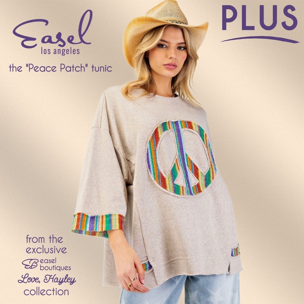 EASEL “Peace Patch” Relaxed Fit Multi-Colored Sleeve Hem Detail Tunic Side Slits